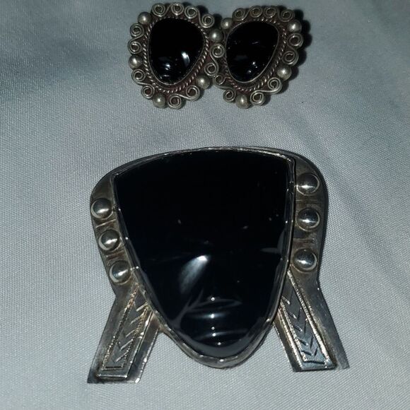 Vintage Taxco Black Onyx Brooche and Earrings! , Sterling Silver, Stamped 925! - Picture 13 of 13